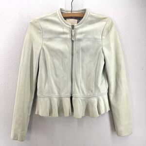 Rebecca Taylor Leather Moto Jacket Sz 2 Light Green Ruffle‎ Peplum Pastel Chic